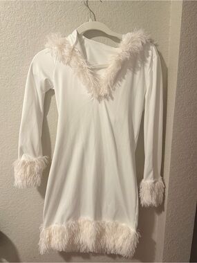 White Faux-Fur Trim Hoodie Dress